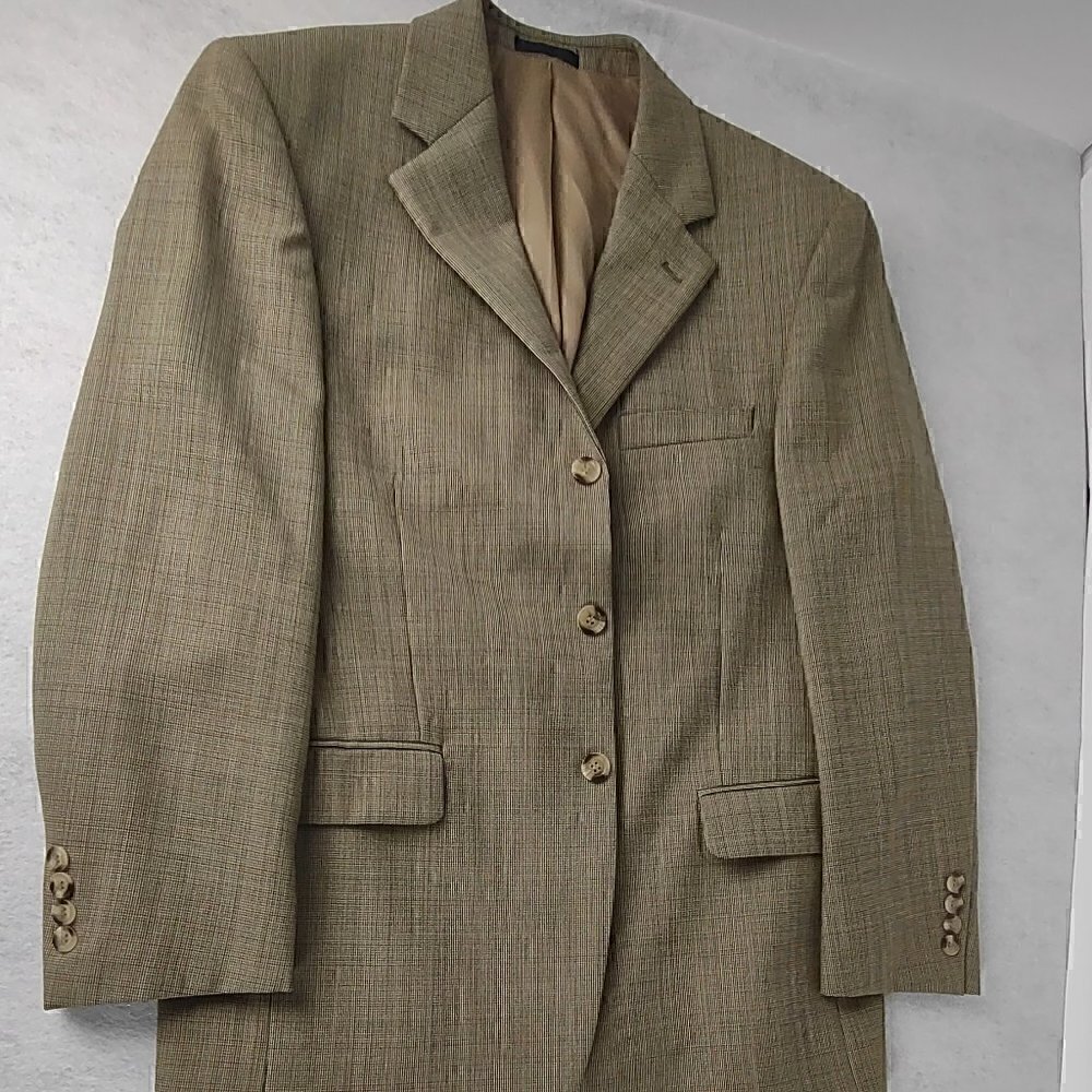 Oleg Cassini Men's 39S 100% Wool Sport Coat Blazer Olive Tan Check 3-Button